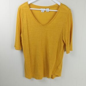 Nicole Miller Linen Top Size L Gold V-Neck Pullover Short Sleeve Blouse